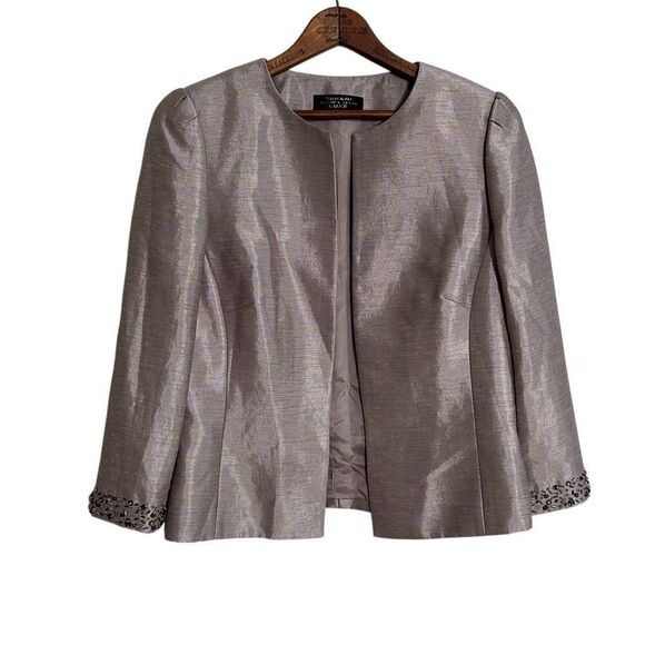 Tahari Arthur S Levine LUXE Beaded Bracelet Length Sleeve Blazer Silver Size 8 - Picture 1 of 7